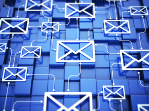 Blue background with email icons