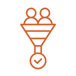 orange icon of two people above sales funnel leading to a tick