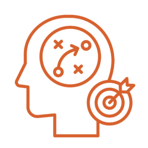 orange icon of a head shape with shapes directing toward each other and a target symbol