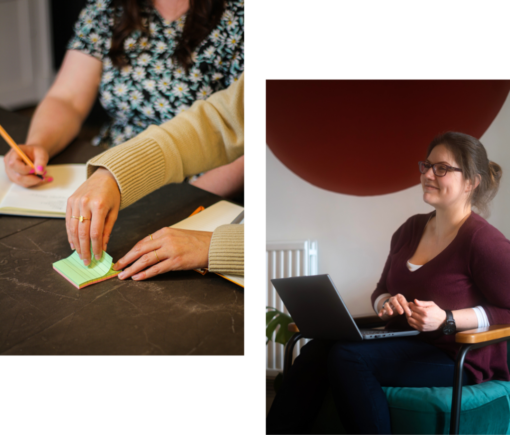 Marketeers using post-its and taking notes, and a marketeer sitting at her laptop smiling