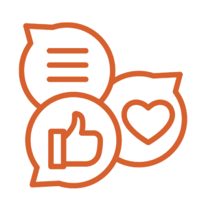 thumbs up, heart and comment icons in speech bubbles