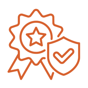 rosette with star in the centre and a shield with a tick in the centre