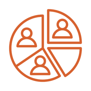orange icon of circle split into four segments with people inside the segments