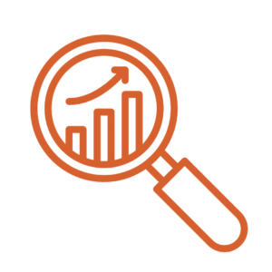orange icon of a magnifying glass with a bar chart inside