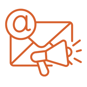 orange icon on email envelope with megaphone and at symbol