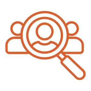 icon of magnifying glass over middle person in a line of three people
