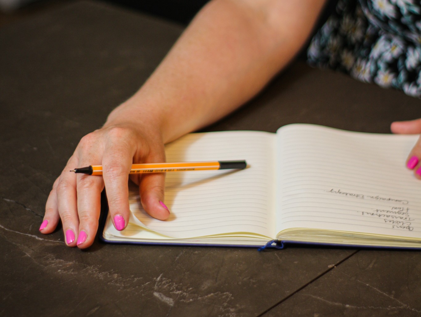Up close of hand writing in notebook